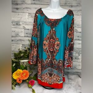 Urban Mangos Size Small off the shoulder dress. Turquoise\orange w rhinestones